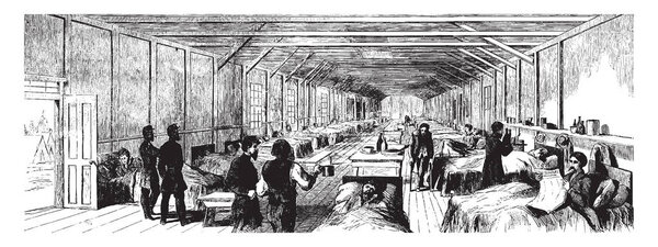 A inside view of a General hospital, vintage line drawing or engraving illustration.