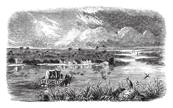 Confluence of the Tigris and Euphrates traverse a region of steppes broken by rocky ridges and interspersed with pastures and fruitful districts, vintage line drawing or engraving illustration.