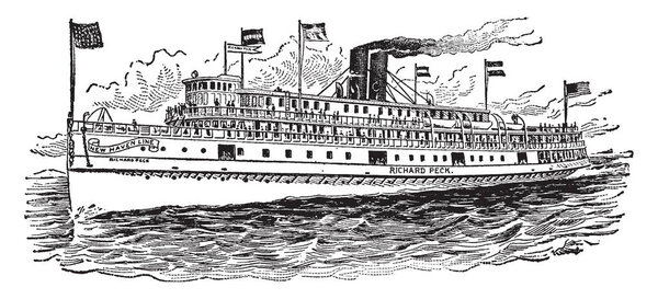 Modern Sound Propeller is a steamboat is a boat or vessel propelled by steam acting either on paddles or on a screw, vintage line drawing or engraving illustration.