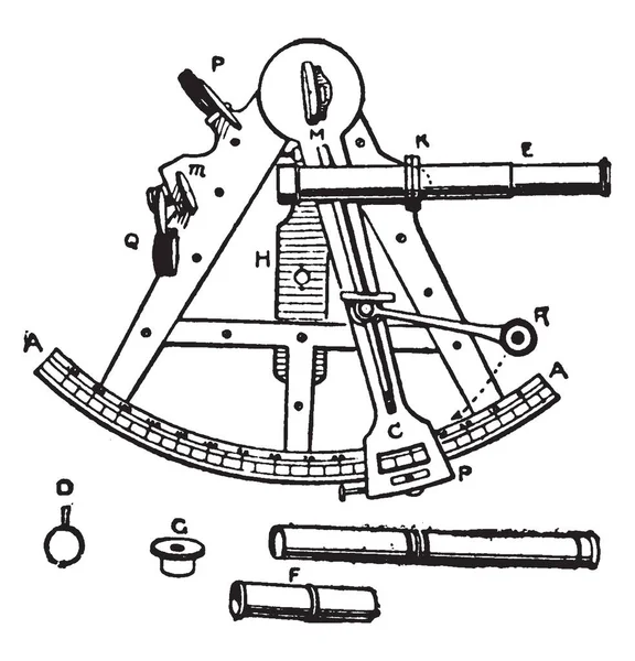 六分仪是航海家用来测量天体高度 复古线条绘制或雕刻插图的反射仪器 — 图库矢量图片