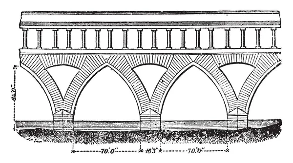 提契诺大桥仍然存在有七尖砖拱门每70英尺跨度和64英尺高 复古线条画或雕刻插图 — 图库矢量图片