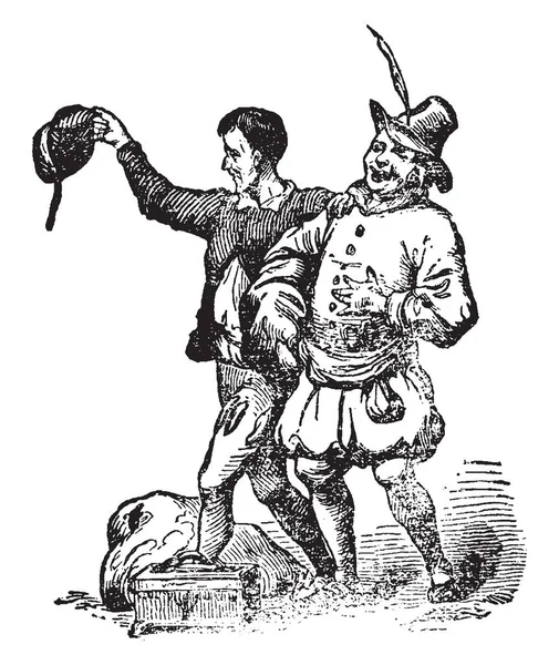 皇帝的新衣服 这个场景显示两个人一起走 一个人拿着帽子在一只手和其他手保持在另一个男人的肩膀 鹰头和盒子在地面上 复古线条画或雕刻插图 — 图库矢量图片