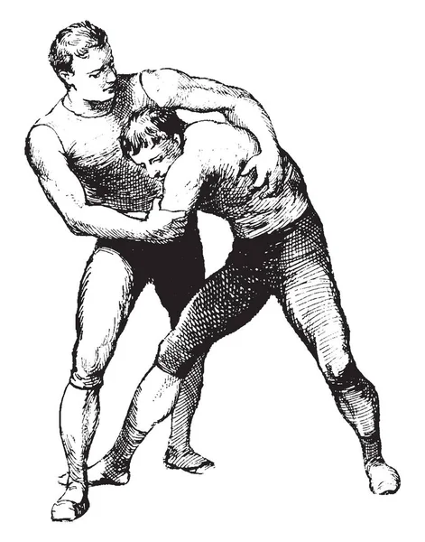 つのレスリング選手は ビンテージの線描画や彫刻イラストを他の つをスローしようと彼の腰の下に他の力士の下で押し — ストックベクタ