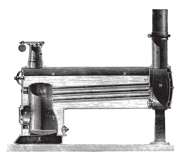 Caldera Locomobile Dentro Una Casa Tubos Horizontales Humo Ilustración Grabada — Archivo Imágenes Vectoriales