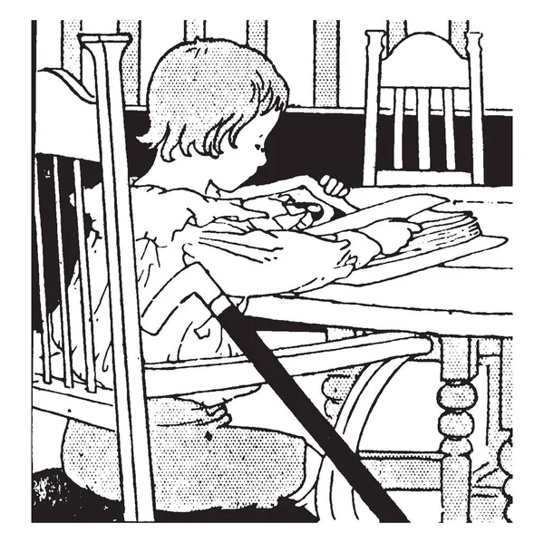 Boy Reading Livros Cadeira Mesa Interessado Desenho Linha Vintage Gravura — Vetor de Stock