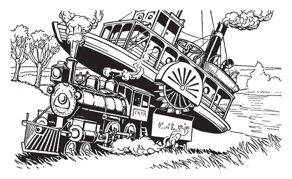 Barco Vapor Sobre Locomotora Vapor Dibujo Línea Vintage Ilustración Grabado — Vector de stock