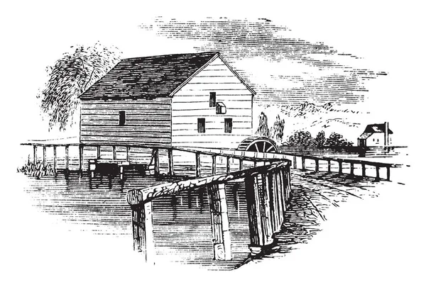 View Old Mill Revolution Vintage Line Drawing Engraving Illustration — стоковый вектор