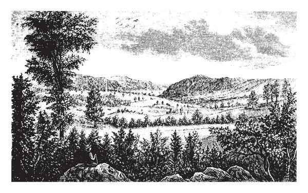 Винтажный Стиль Иллюстрация Пейзажа Горами — стоковый вектор