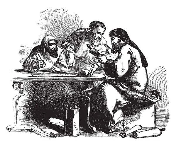 Trois Hommes Assis Table Lisant Rouleau Papier Dessin Ligne Vintage — Image vectorielle