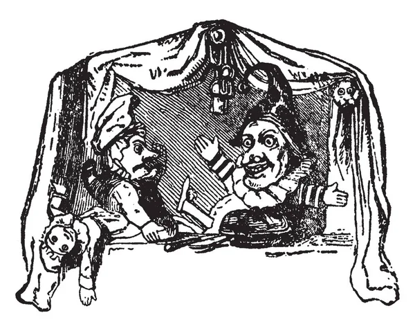Marionetter Sitter Denna Bild Vintage Linje Ritning Eller Gravyr Illustration — Stock vektor