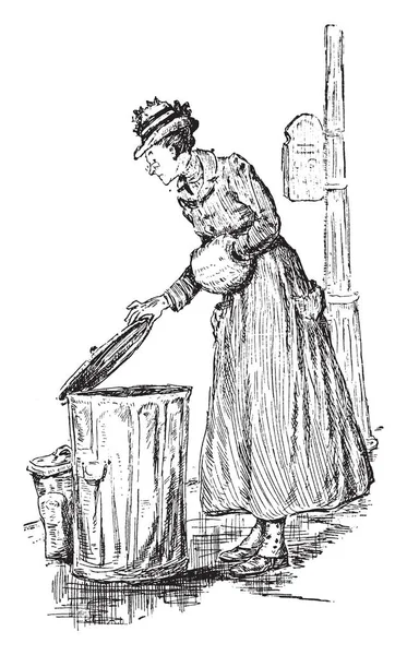 Een Vrouw Deksel Van Prullenbak Vintage Lijntekening Gravure Illustratie Verwijderen — Stockvector