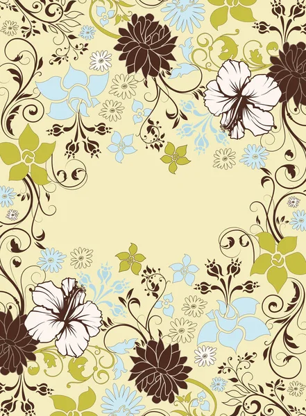 Vintage davetiye süslü zarif retro soyut çiçek tasarım, çok renkli çiçek ve metin etiketi ile açık sarı renkli yapraklarda. Vektör çizim