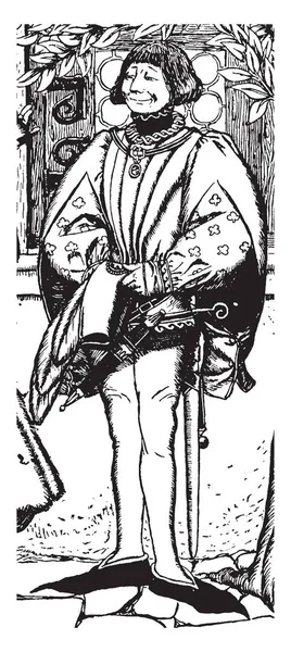 金持ち 図の剣 ビンテージの線描画や彫刻の図を持つ男 — ストックベクタ