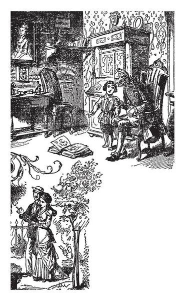 古い家では このシーンを示しています椅子に座っている老人と子供と地面 二人は一緒に歩いて それらのまわりの木の本に話して ビンテージ ラインの図面やイラストを彫刻 — ストックベクタ