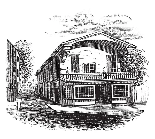 图片显示杰斐逊戴维斯的家 这是一个巨大的两层楼 有大阳台 建筑四周绿树成荫 复古线条绘画或雕刻插图 — 图库矢量图片