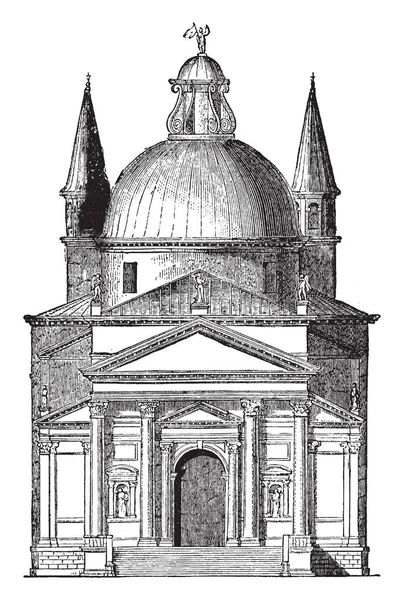 圣救世主 威尼斯 一个原因 使帕拉迪奥的组成 特别是幸福的安排 他的地面计划 复古线条画或雕刻插图 — 图库矢量图片