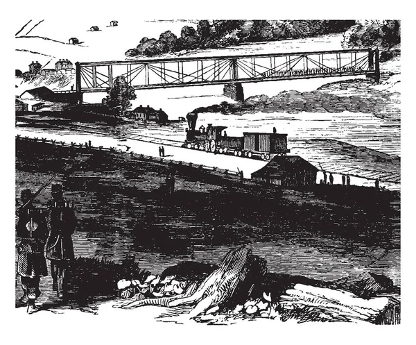 1861 年に一般マクレラン ビンテージの線描画や彫刻イラストの指揮の下で中央政府軍隊によって占められたグラフトンで鉄道 — ストックベクタ