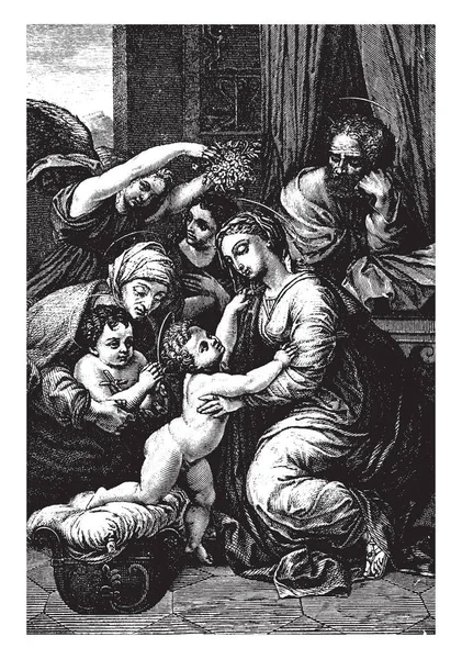 Holy Family Painting Raphael Vintage Line Drawing Engraving Illustration — Stock Vector