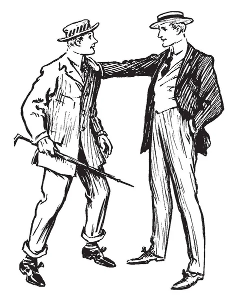 Dos Hombres Hablando Uno Ellos Sosteniendo Palo Mano Dibujo Línea — Archivo Imágenes Vectoriales