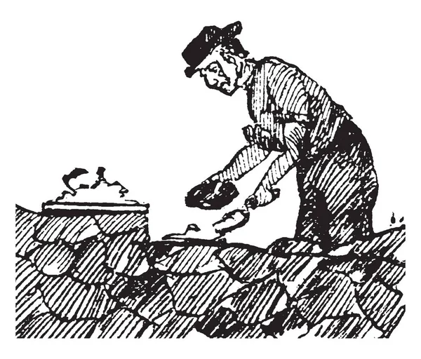 Esta Ilustración Representa Mason Que Construye Fortalece Con Piedra Dibujo — Vector de stock