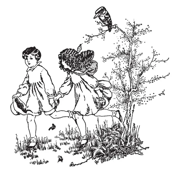 Nasıl çocuk kaydedilen ayılar, bu sahneyi iki çocuk el ele tutuşarak ve çalışan, ağaç, vintage çizgi çizme veya oyma illüstrasyon dalı üzerinde oturan bir kuş gösterir