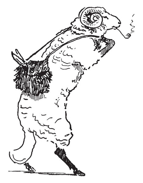 Ренар Лиса: Беллин баранов, эта картина показывает овцу, идущую куда-то и несущую сумку и курение, рисунок винтажной линии или гравировки иллюстрации
