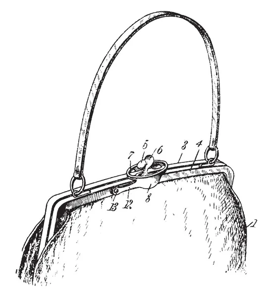挎包钱包是一个女人的袋子 用于携带钥匙 复古线条画或雕刻插图 — 图库矢量图片
