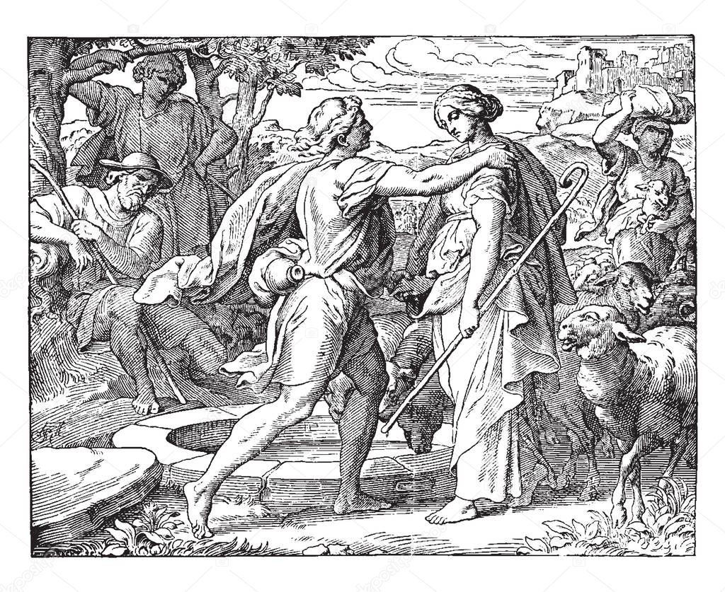 Jacob Meeting Rachel, this scene shows a man kept right hand on shoulder of woman standing in front of him near well, other people and sheep in background, vintage line drawing or engraving illustration