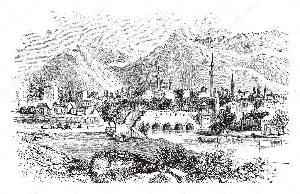 Picture shows the Antioch city in Syria where the followers of Christ got their name Christians. It is surrounded by forts, mountains and small houses, vintage line drawing or engraving illustration.
