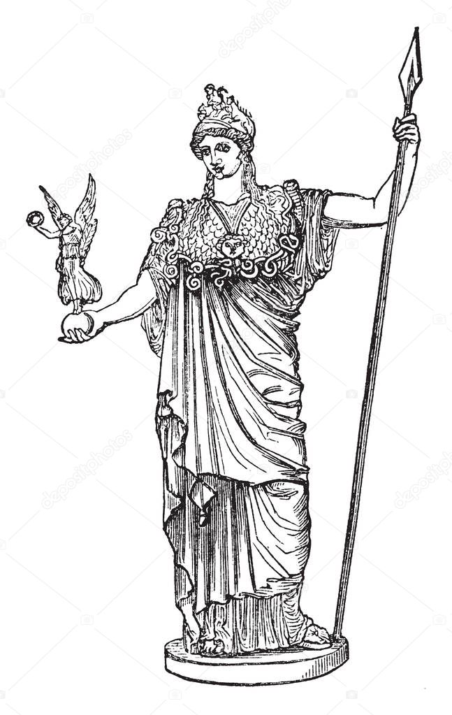 Statue representing Athena standing bold, holding a statue of Nike in her right hand. She has a spear in her left hand, vintage line drawing or engraving illustration.