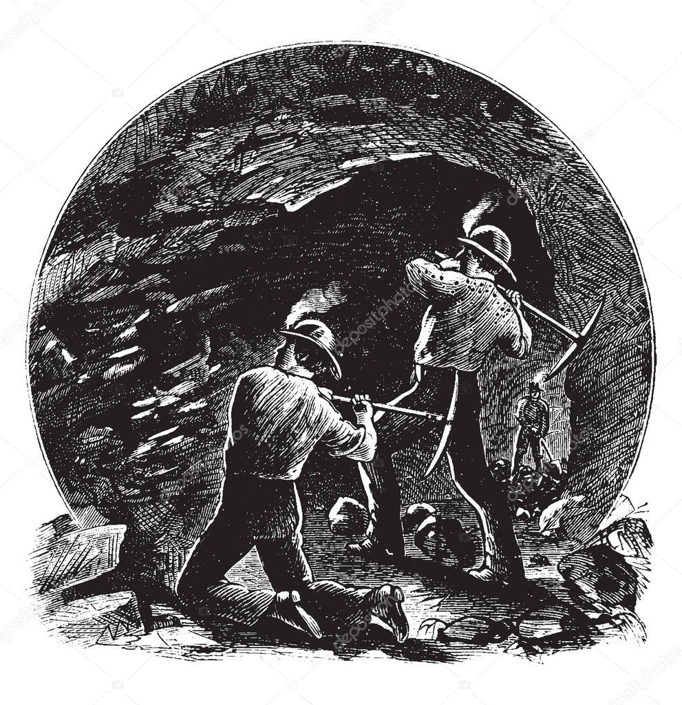 This illustration represents Coal Mine, vintage line drawing or engraving illustration.