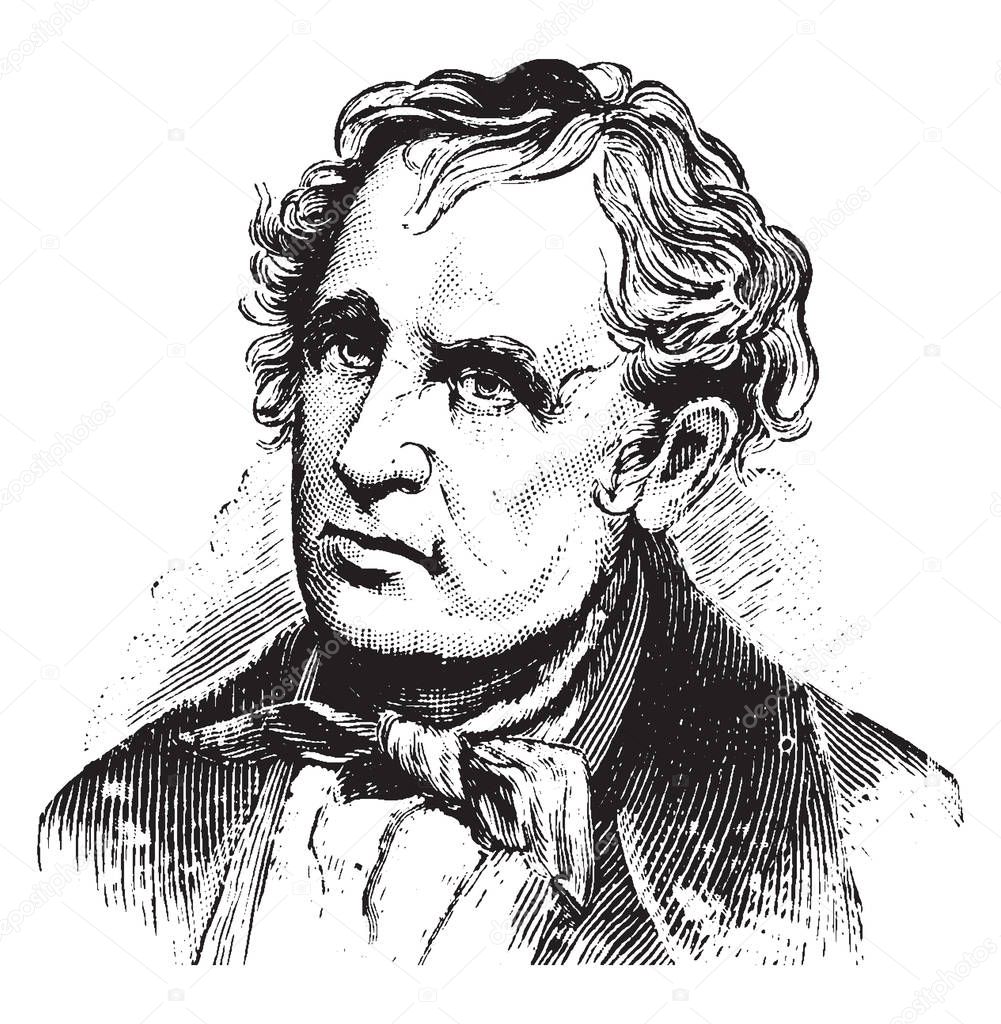James Fenimore Cooper, 1789-1851, he was popular American novelist, Historian, and US Navy sailor, most famous for his work The Last of the Mohicans, vintage line drawing or engraving illustration