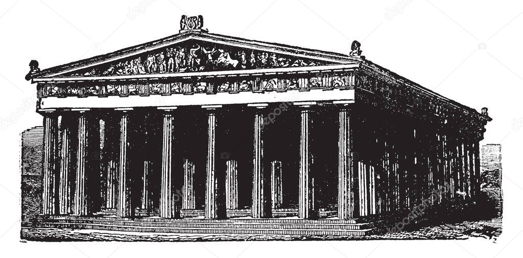 Parthenon, a celebrated temple at Athens, the protectress of the city, an elevated rock near the Acropolis,  perfect example of Grecian architecture,