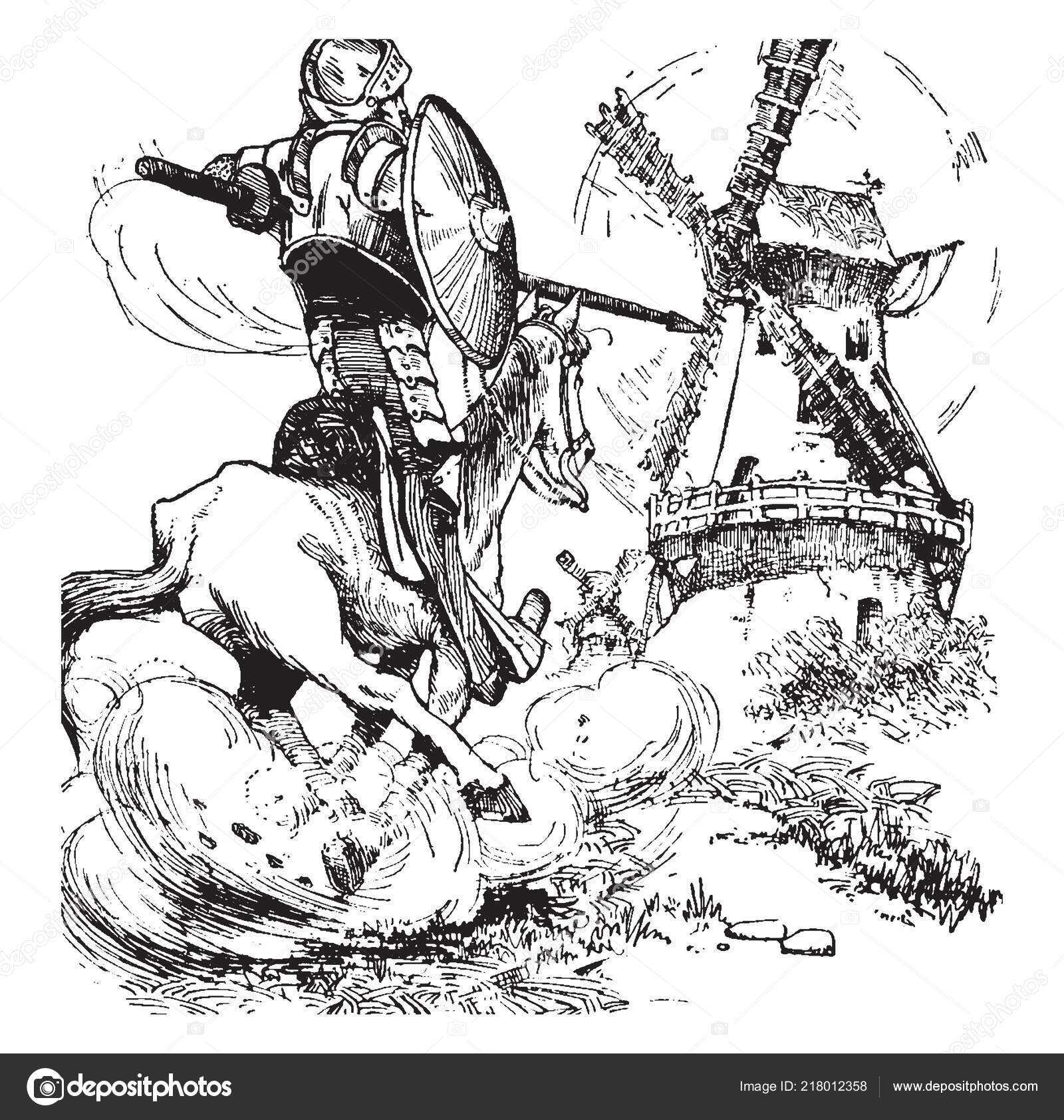 ドンキホーテ このシーンは槍と盾彼 ビンテージの線描画や彫刻イラスト