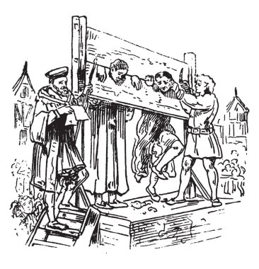 Pillory is a wooden framework with holes for the head and hands in which an offender was imprisoned and exposed to public abuse, vintage line drawing or engraving illustration. clipart