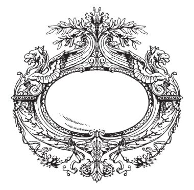 Modern kayış çalışma çerçeve var iki hayvan yüz ve yaprakları desen, çizim için vintage veya oyma illüstrasyon.