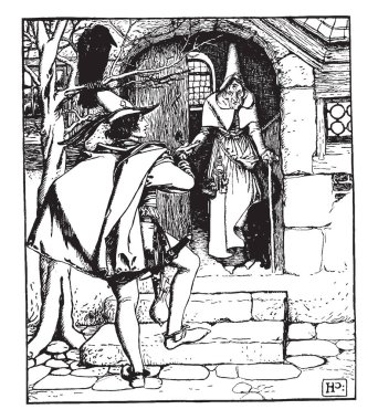 Prens, Prens üç gözlü cadı, cadı kapı, vintage çizim için ayakta veya illüstrasyon oyma ev ziyaretleri bu sahne gösterir