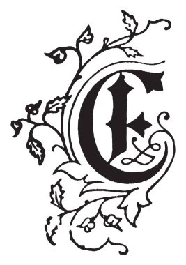 Dekoratif ve çiçek büyük harf E, vintage çizgi çizme veya oyma illüstrasyon