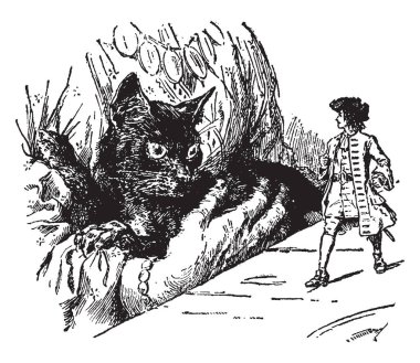 Gulliver and Giant Cat, this scene shows a man standing on table and looking at giant cat in woman's lap, vintage line drawing or engraving illustration clipart