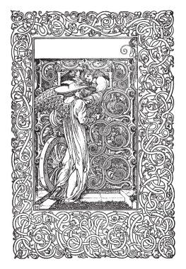 Sevinç House, başlık, İngiliz oyun yazarı, kitap kapağı, kitap plaka, sınır, Illustrator, laurence houseman, kayan çiçek, başlık sayfası, pencere, vintage çizgi çizme veya oyma illüstrasyon.