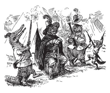 Silah ve onlar hava, orta, çadır hayvan bir oturuşta ve diğer hayvanlar arka plan, vintage çizgi çizme veya oyma illüstrasyon çekim hayvanlarla