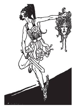 Perseus macera bu sahne sol elinde kılıç holding ve sağ baş, vintage çizgi çizme veya oyma illüstrasyon insan kafası kesim bir asker gösterir.