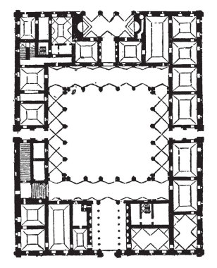 Planı Farnese Sarayı, Yüksek Rönesans Sarayı, Palazzo Farnese, önemli Rönesans mimarı, vintage çizgi çizme veya oyma illüstrasyon.