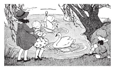 Üç çocuk ördek su, vintage çizgi çizme veya oyma illüstrasyon bakarak