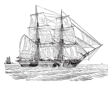 Rüzgar, vintage oyulmuş illüstrasyon yakın ticaret brig olarak. Endüstriyel ansiklopedi E.-O. Lami - 1875