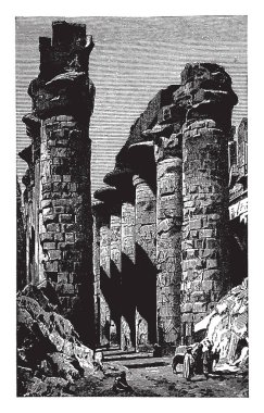 Büyük salon, sütunlar, Karnak, mimari, Mısır, sütunlar, vintage çizgi çizme veya oyma illüstrasyon büyük salon.