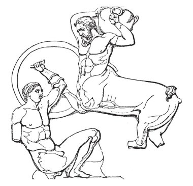 Mitolojik görüntü ile bir üst beden bir insan ve bir at ve o adam daha düşük vücut düzenlenen bir pot onun elleri, vintage çizgi çizme veya oyma illüstrasyon.