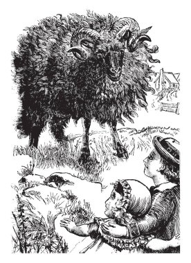 Baa, Baa, kara koyun, bu sahne gösterileri siyah koyun ve koyun önünde duran ve koyun, vintage çizgi çizme veya oyma illüstrasyon bakıyor iki çocuk