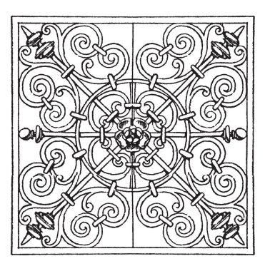 Ferforje kare bir çok zengin desen, çizim için vintage veya oyma illüstrasyon paneldir.