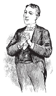 Bir adam sevinçle ellerini sıktı, vintage çizgi çizerek ifade veya illüstrasyon oyma